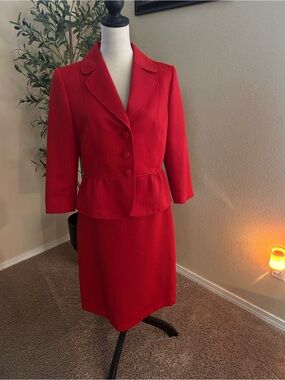 Alex Marie Red Peplum Blazer and Skirt Suit Set Jacquard 3/4 Sleeves